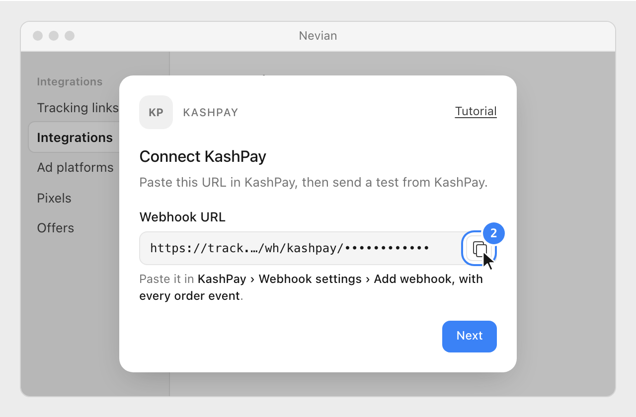The Webhook URL in the Connect KashPay window, with its copy button highlighted.