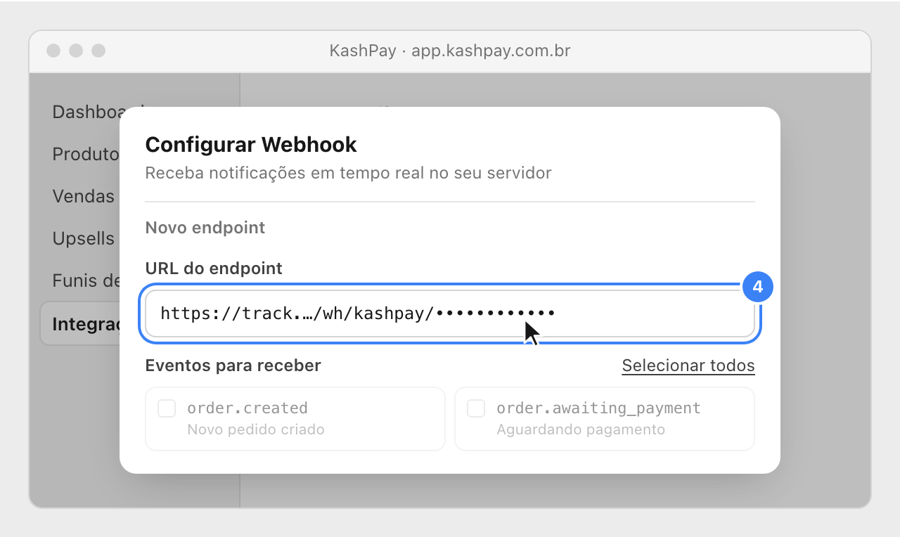 KashPay's Configurar Webhook window, with the pasted Nevian URL in the URL do endpoint field.