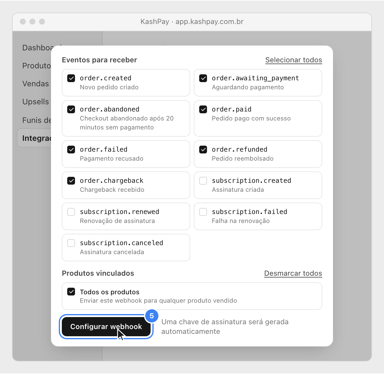 The seven order events ticked, the four subscription events left blank, All products ticked and the Configurar webhook button highlighted.