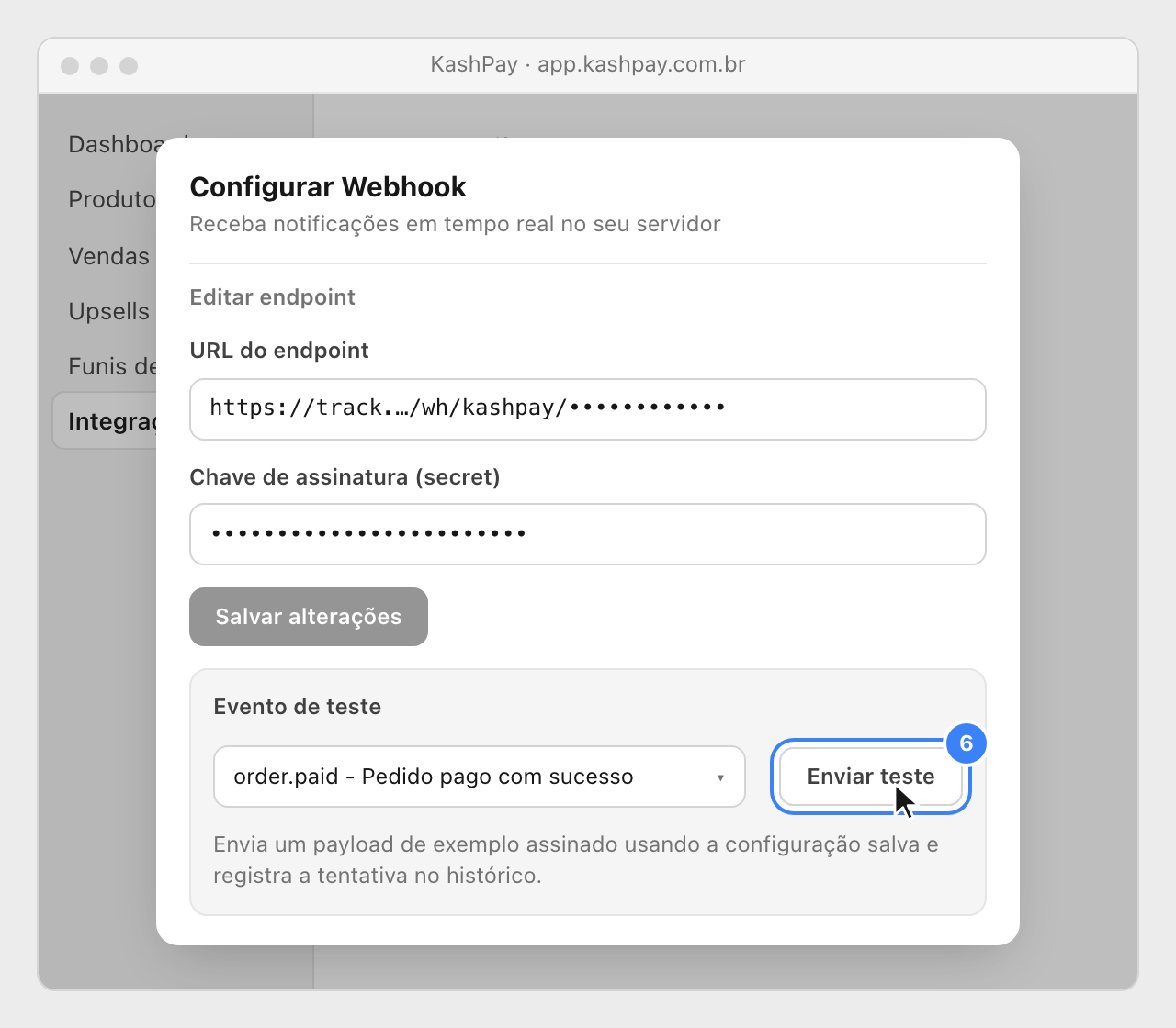 The saved webhook in KashPay, with order.paid chosen as the test event and the Enviar teste button highlighted.