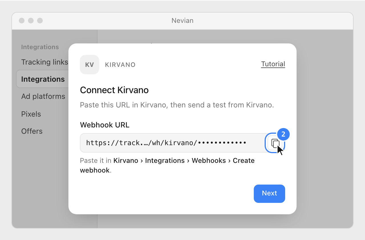 The Webhook URL in the Connect Kirvano window, with its copy button highlighted.