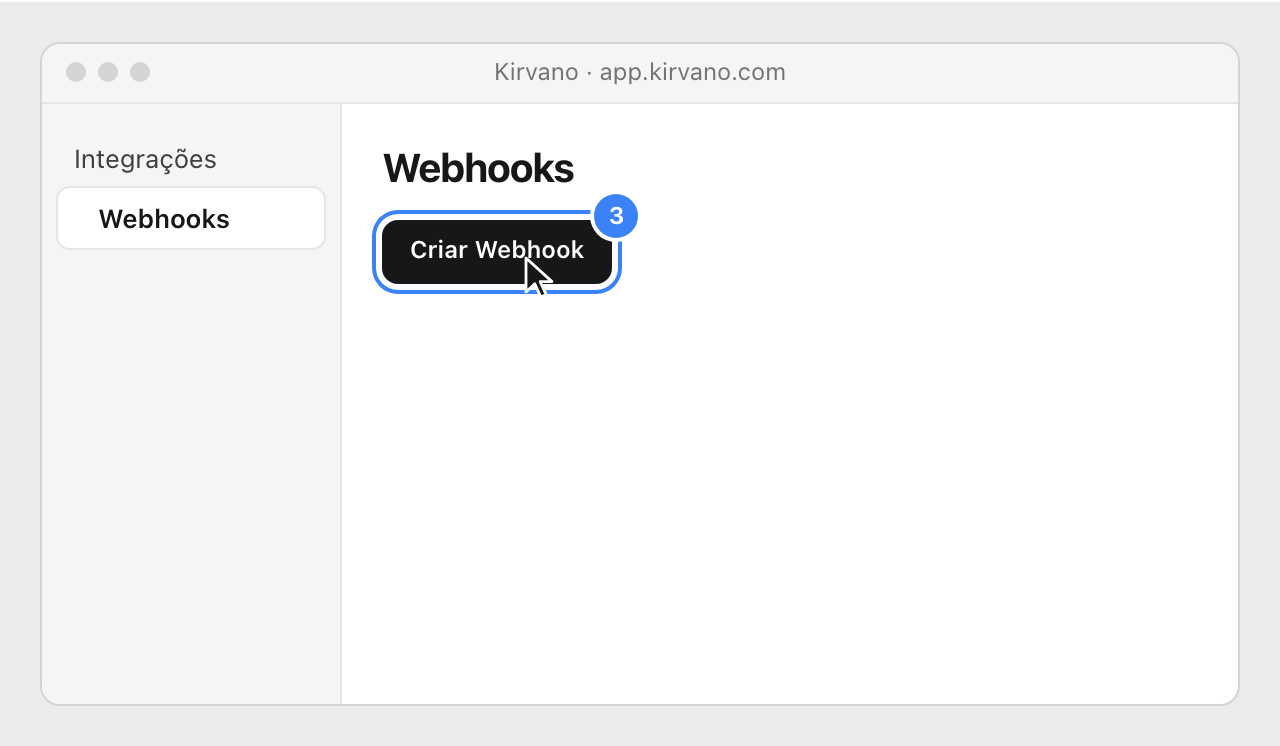 Kirvano's Webhooks page, with the Criar Webhook button highlighted.