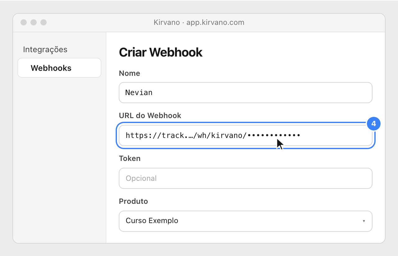 Kirvano's new webhook with the name Nevian, the pasted Nevian URL highlighted, the token empty and a product chosen.