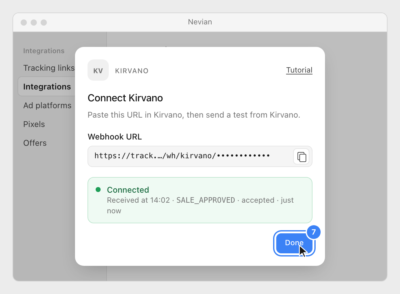 The Connect Kirvano window in Nevian showing Connected, with the Done button highlighted.