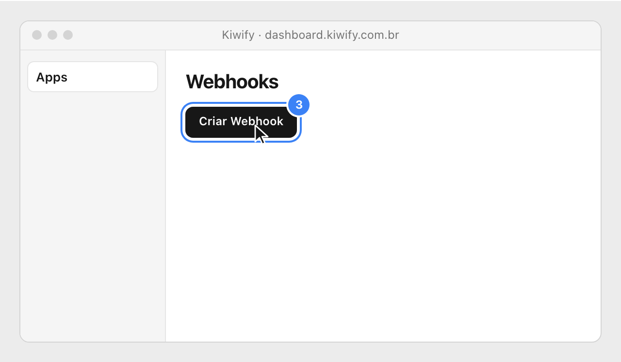 Kiwify's Webhooks page, with the Criar Webhook button highlighted.