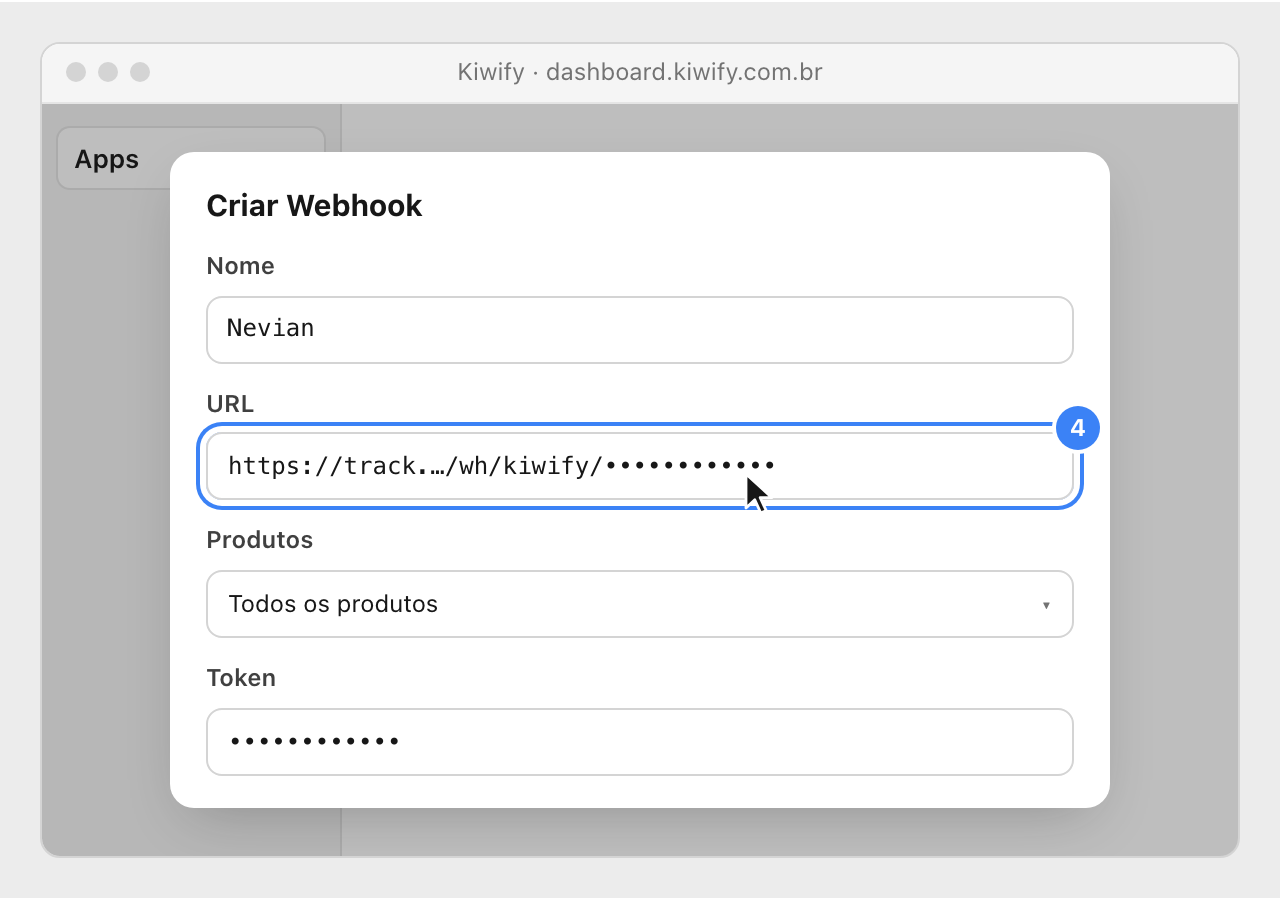 Kiwify's new webhook panel with the name Nevian, the pasted Nevian URL highlighted, all products and the token.
