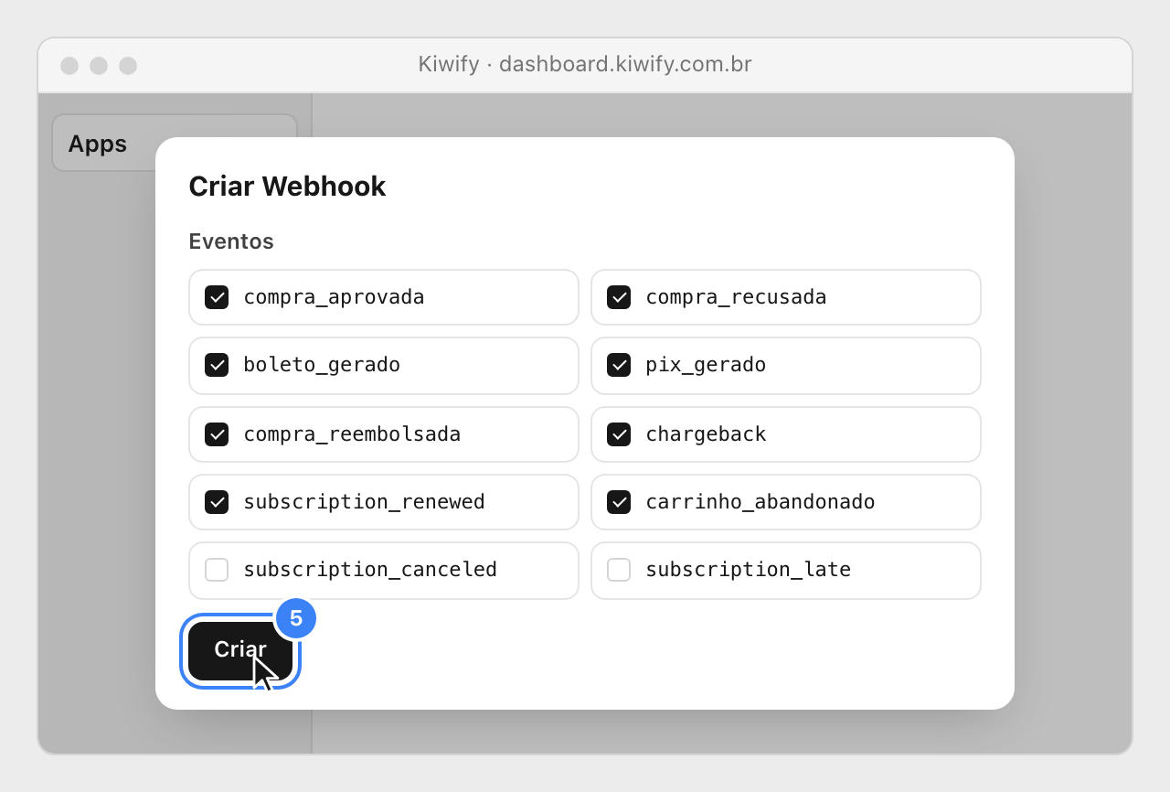 The eight events ticked, the subscription canceled and late events left blank, and the Criar button highlighted.