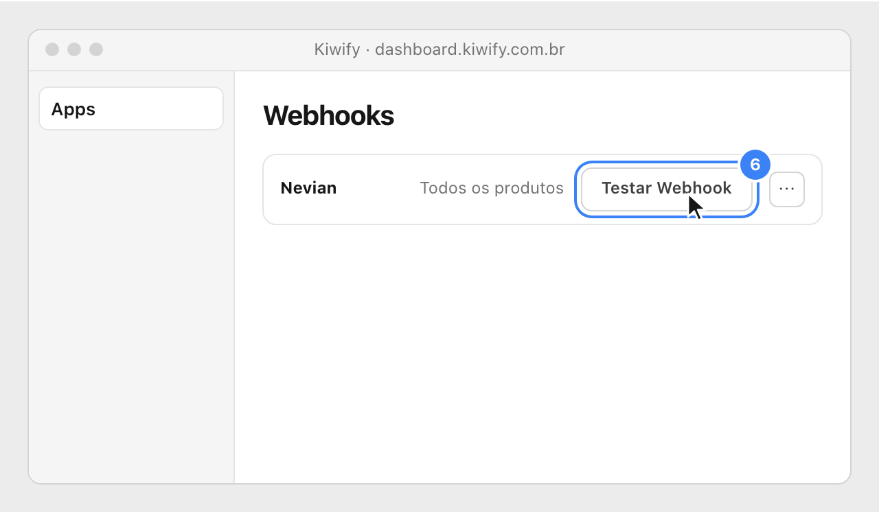 The Nevian webhook in Kiwify's list, with the Testar Webhook button highlighted.