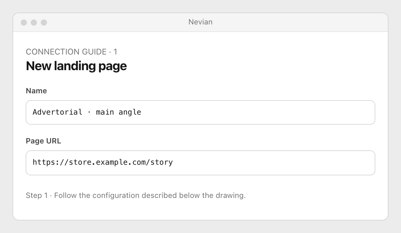 Drawing: New landing page. Name: Advertorial · main angle; Page URL: https://store.example.com/story