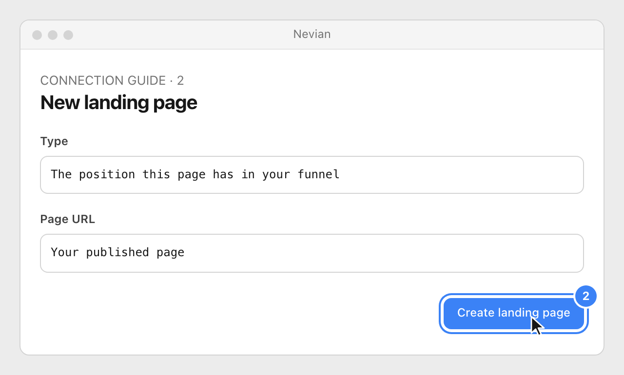 Drawing: New landing page. Type: The position this page has in your funnel; Page URL: Your published page