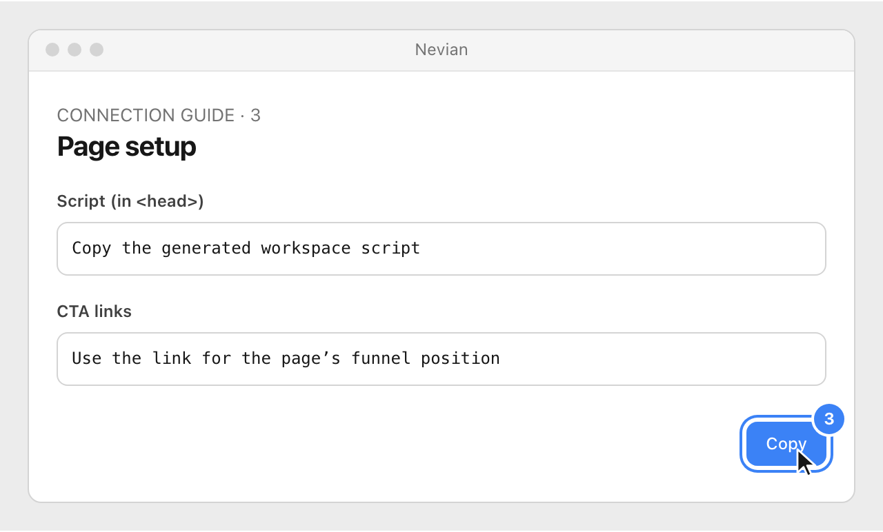 Drawing: Page setup. Script (in <head>): Copy the generated workspace script; CTA links: Use the link for the page’s funnel position