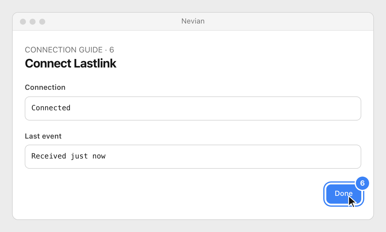 Drawing: Connect Lastlink. Connection: Connected; Last event: Received just now