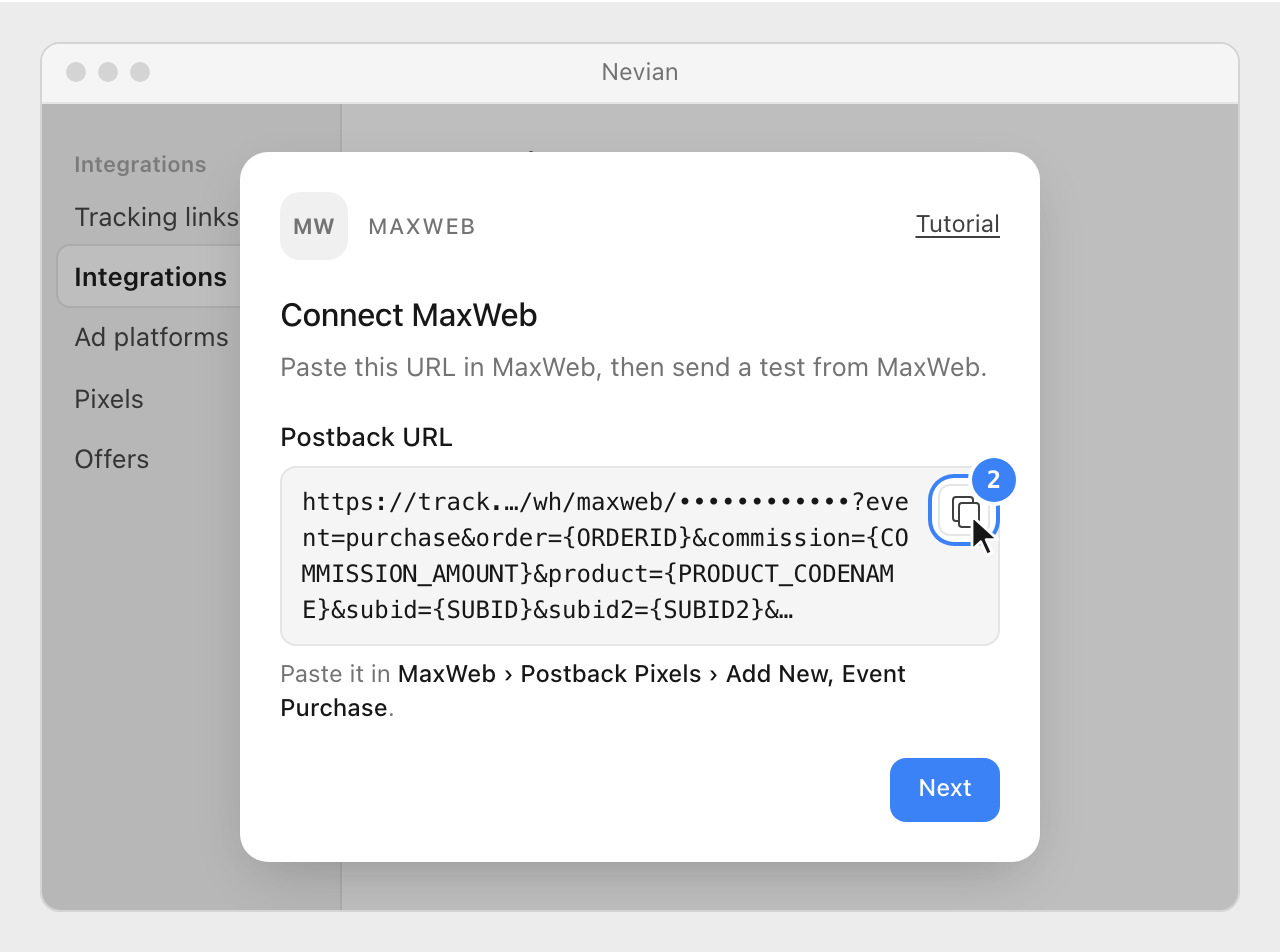 The Postback URL with MaxWeb macros in the Connect MaxWeb window, with its copy button highlighted.