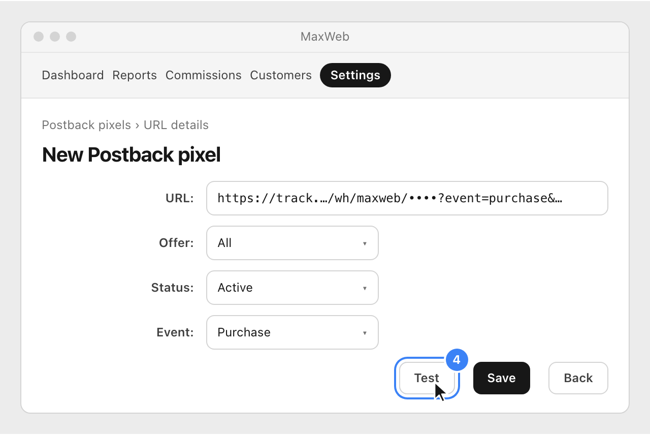 MaxWeb's New Postback pixel form with the Nevian URL, All offers, Status Active and Event Purchase, and the Test button highlighted.
