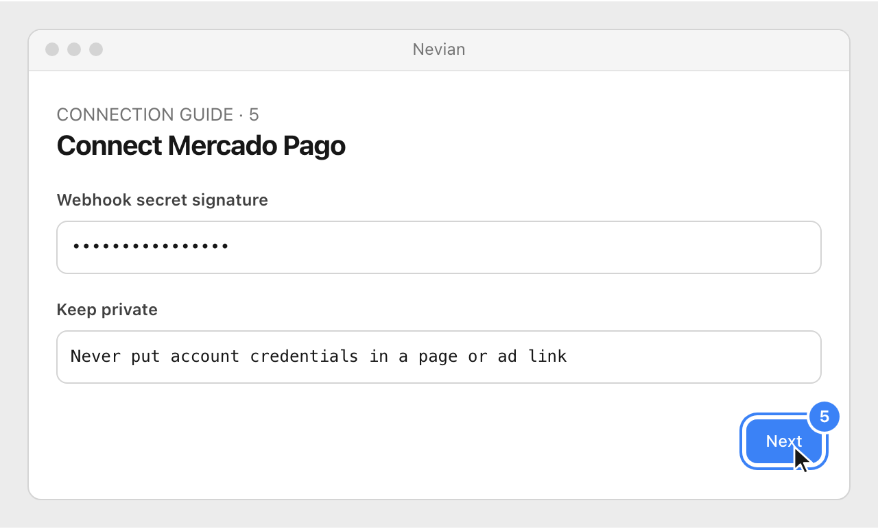 Drawing: Connect Mercado Pago. Webhook secret signature: ••••••••••••••••; Keep private: Never put account credentials in a page or ad link