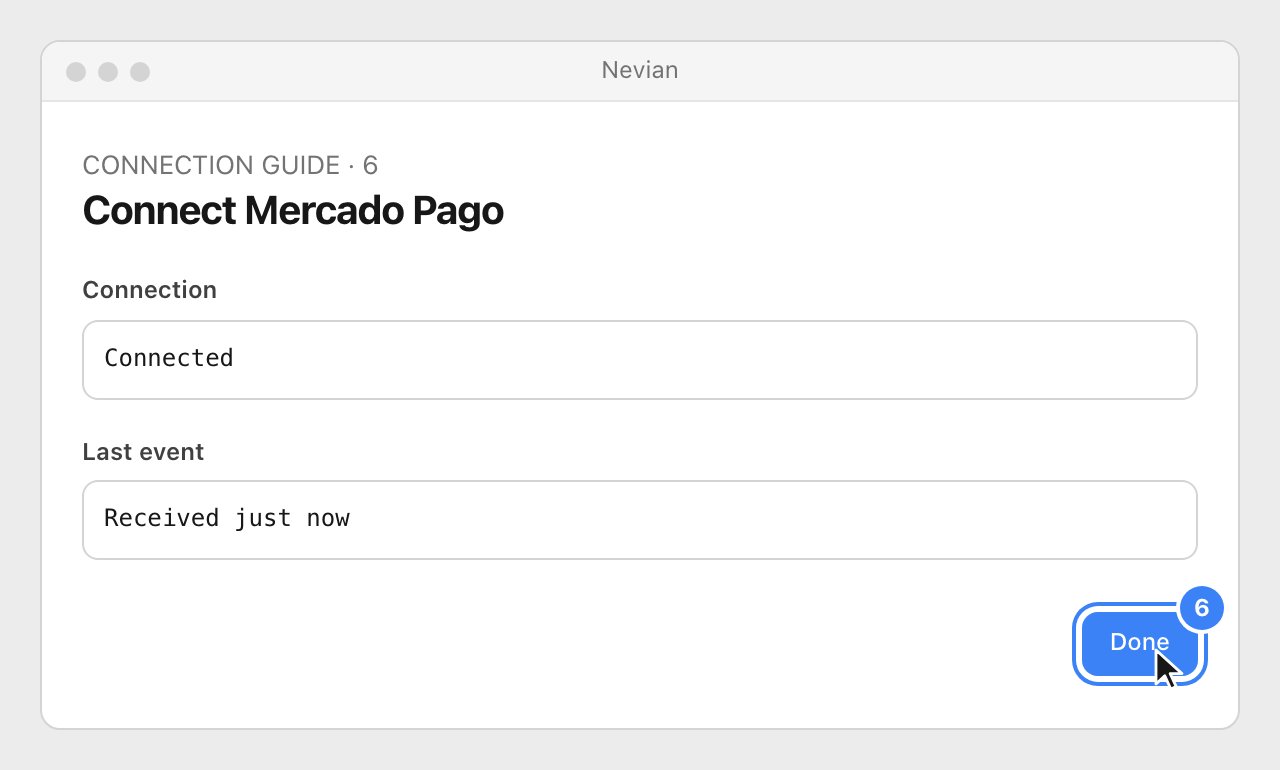 Drawing: Connect Mercado Pago. Connection: Connected; Last event: Received just now