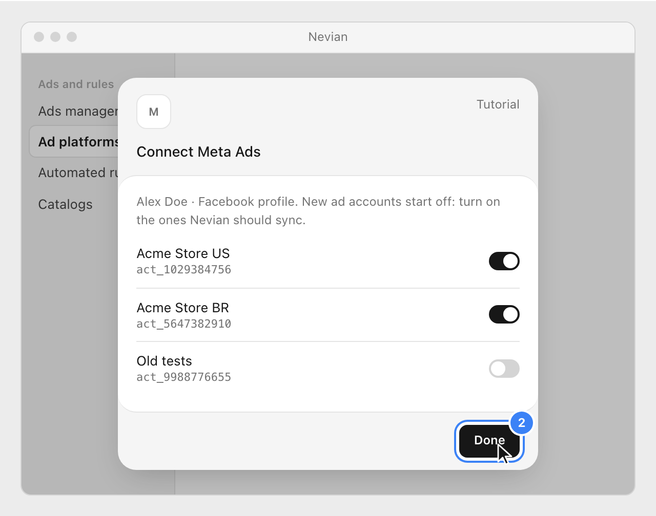 The list of ad accounts in the Connect Meta window, two of them turned on, and the Done button highlighted.