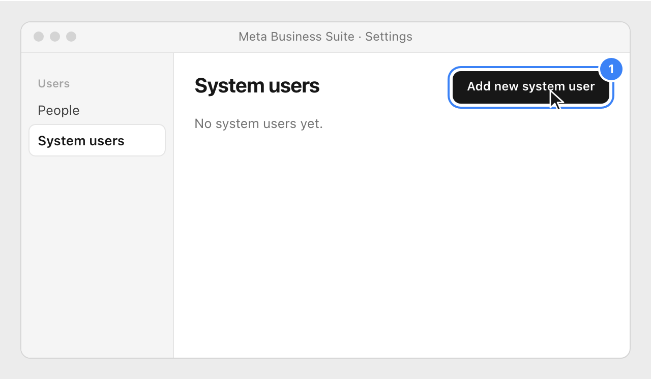 The System users page in the settings of Meta Business Suite, with the Add new system user button highlighted.