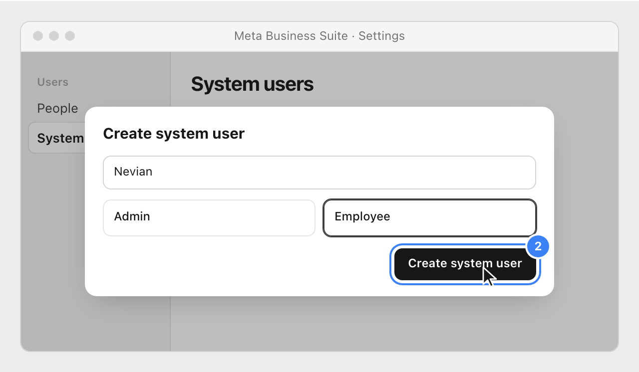 The Create system user window with the name Nevian, the Employee role chosen and the Create system user button highlighted.