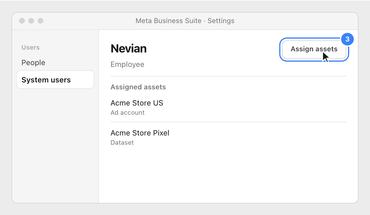 The new system user in Meta Business Suite, with an ad account and a pixel assigned and the Assign assets button highlighted.