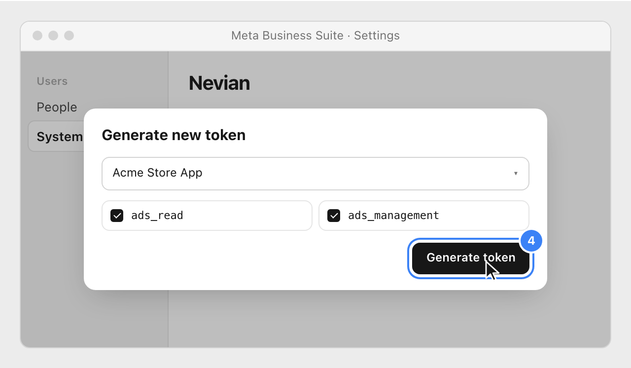The Generate new token window with an app selected, ads_read and ads_management ticked, and the Generate token button highlighted.