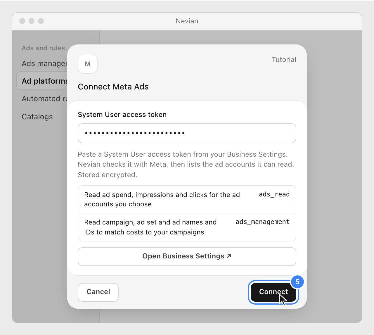 The Connect Meta window in Nevian with a System User access token pasted, the permissions it needs, and the Connect button highlighted.