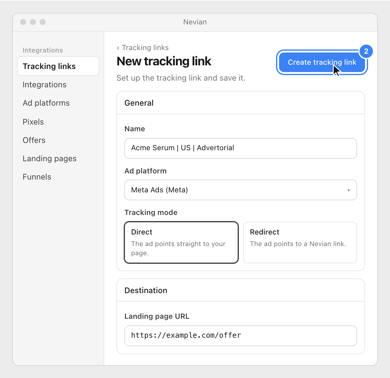 The New tracking link form with Meta Ads as the ad platform, Direct tracking and a landing page URL, and the Create tracking link button highlighted.