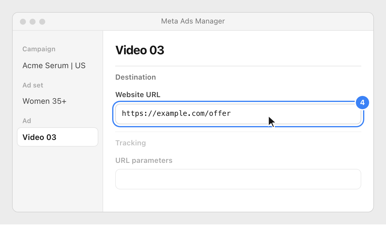 A Meta ad in Ads Manager with the plain page address in the Website URL field highlighted.