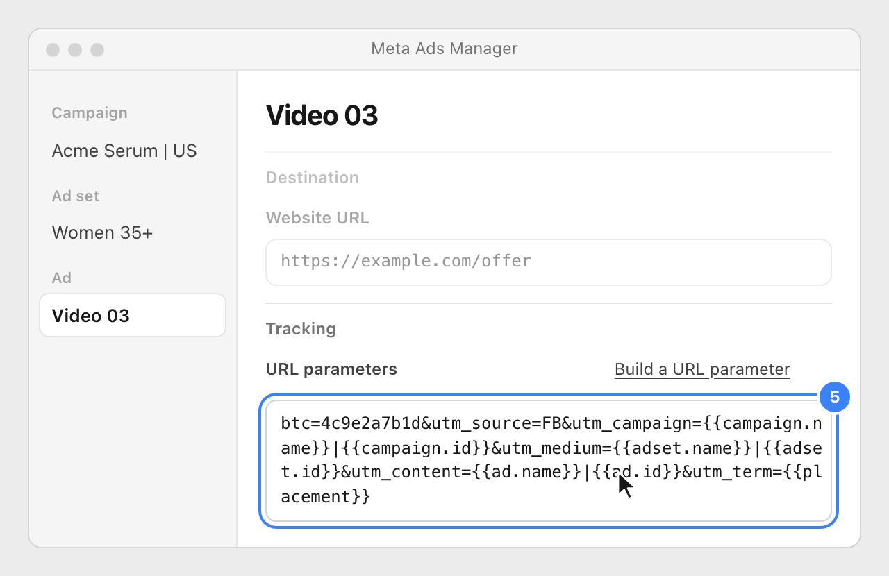 The Tracking section of the Meta ad, with the Nevian string pasted in the URL parameters field.