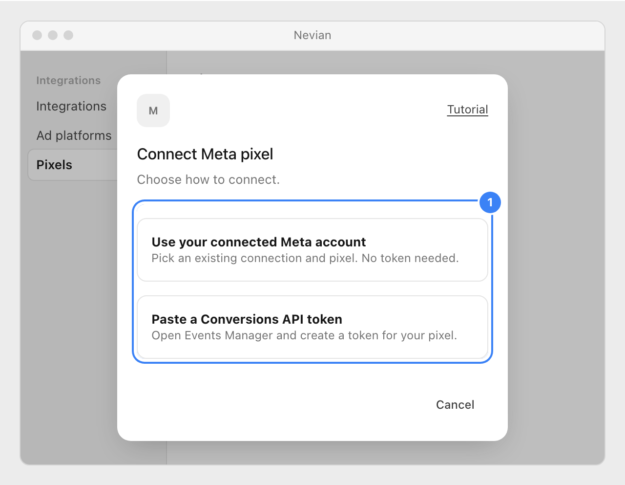 The Connect Meta pixel window offering a connected Meta account without a token, or a Conversions API token.