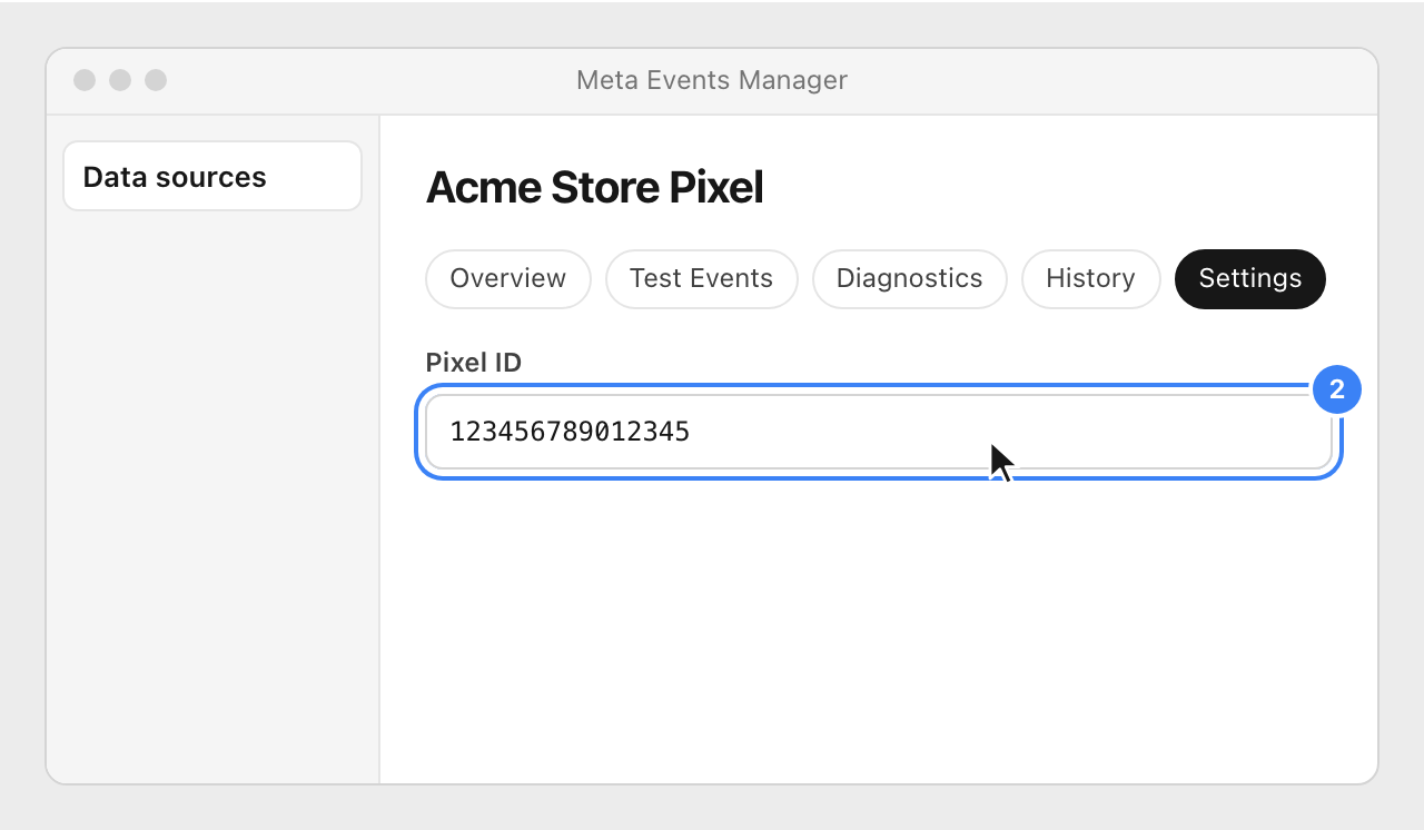 The Settings tab of a pixel in Meta Events Manager, with the Pixel ID highlighted.