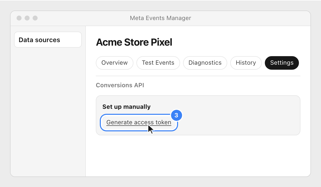 The Conversions API section of the pixel's Settings tab, with the Generate access token link under Set up manually highlighted.