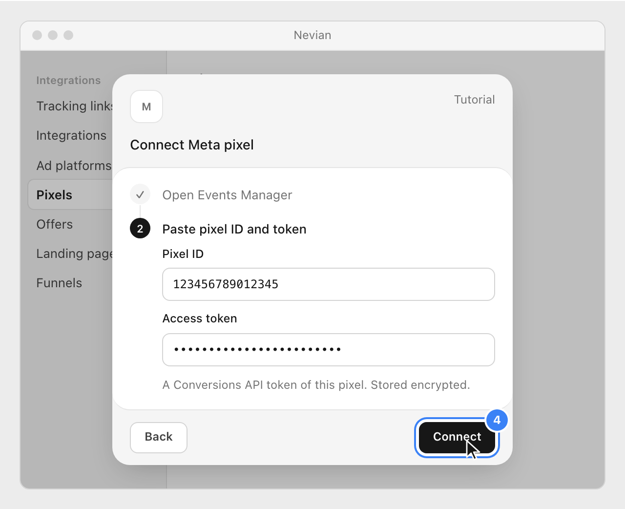 The second step of the Connect Meta pixel window, with the Pixel ID and access token filled in and the Connect button highlighted.