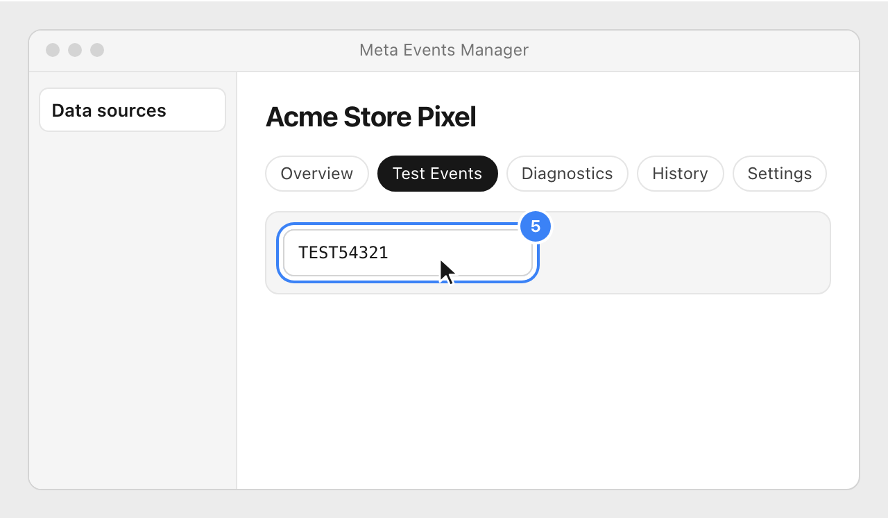 The Test Events tab of the pixel in Meta Events Manager, with the test code highlighted.