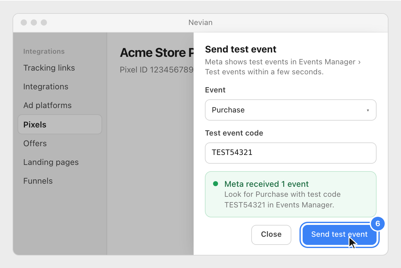 The Send test event panel in Nevian with the test code, the line Meta received 1 event and the Send test event button highlighted.