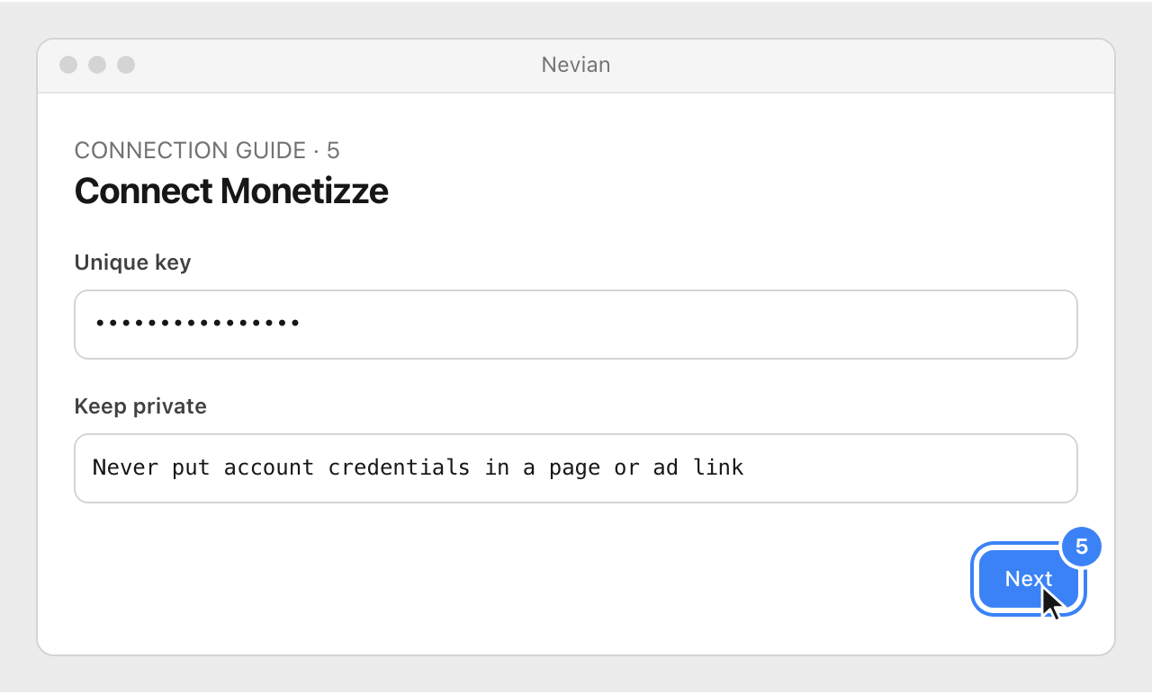 Drawing: Connect Monetizze. Unique key: ••••••••••••••••; Keep private: Never put account credentials in a page or ad link
