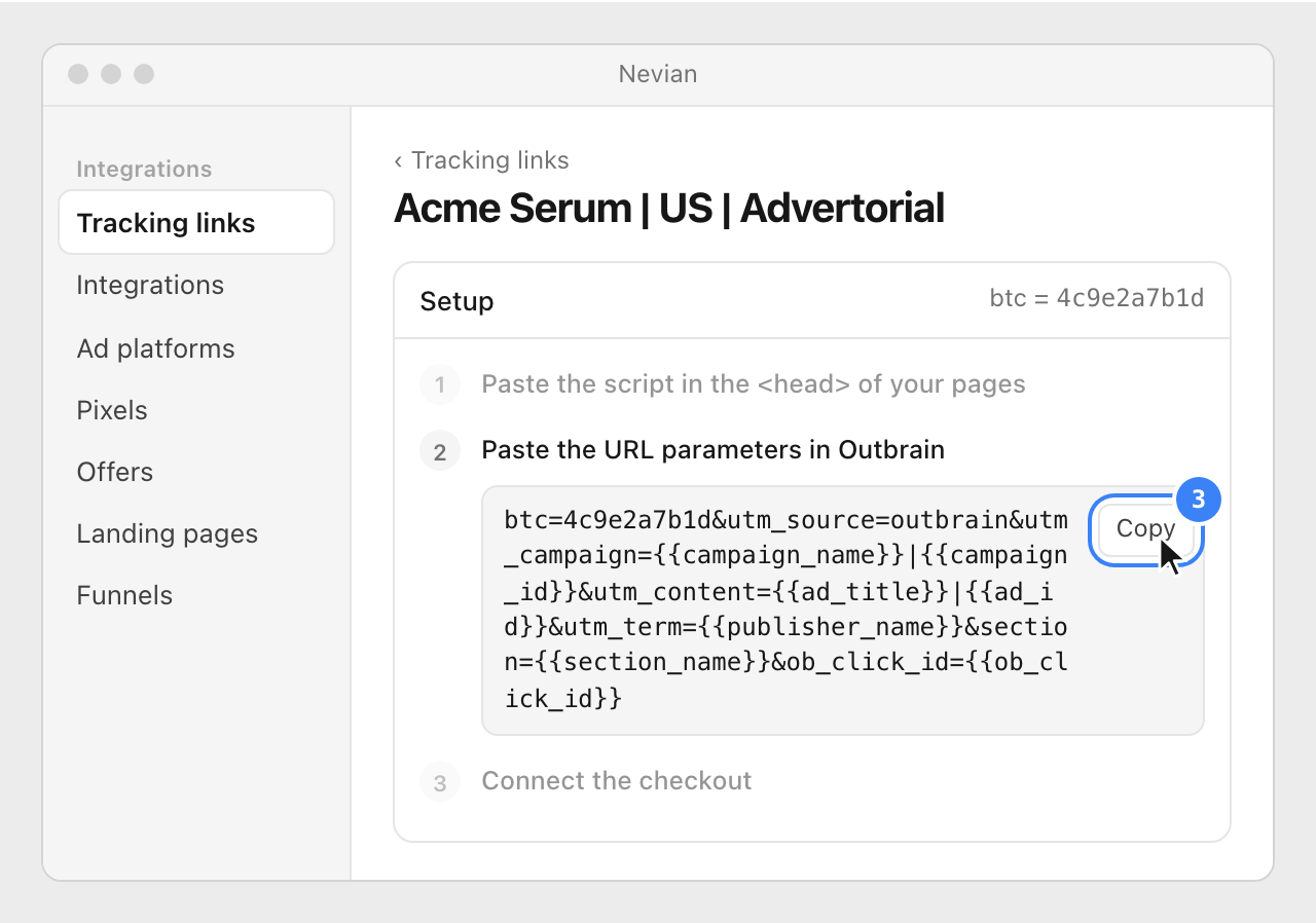 The Setup of the tracking link, with the URL parameters string starting with btc= and its Copy button highlighted.