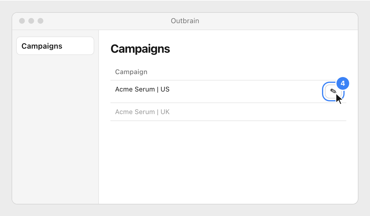 The list of campaigns in Outbrain, with the pencil icon of a campaign highlighted.