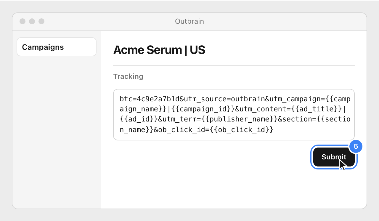 The campaign settings in Outbrain, with the Nevian string in the Tracking section and the Submit button highlighted.