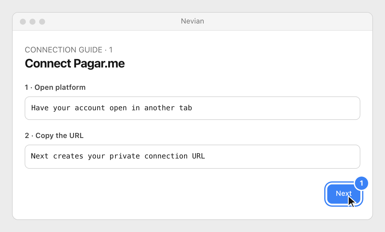 Drawing: Connect Pagar.me. 1 · Open platform: Have your account open in another tab; 2 · Copy the URL: Next creates your private connection URL