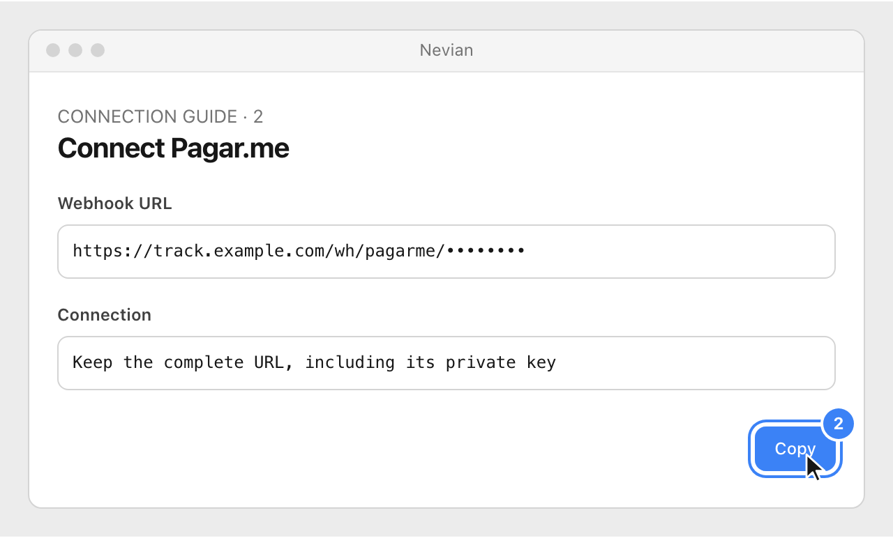 Drawing: Connect Pagar.me. Webhook URL: https://track.example.com/wh/pagarme/••••••••; Connection: Keep the complete URL, including its private key