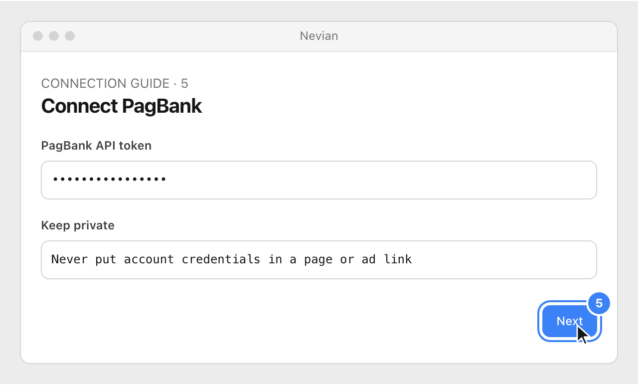 Drawing: Connect PagBank. PagBank API token: ••••••••••••••••; Keep private: Never put account credentials in a page or ad link