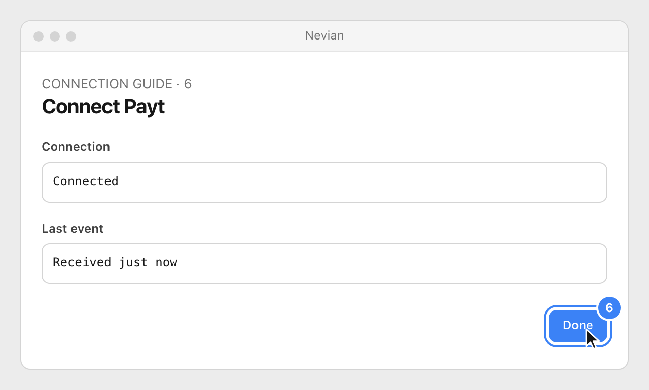 Drawing: Connect Payt. Connection: Connected; Last event: Received just now