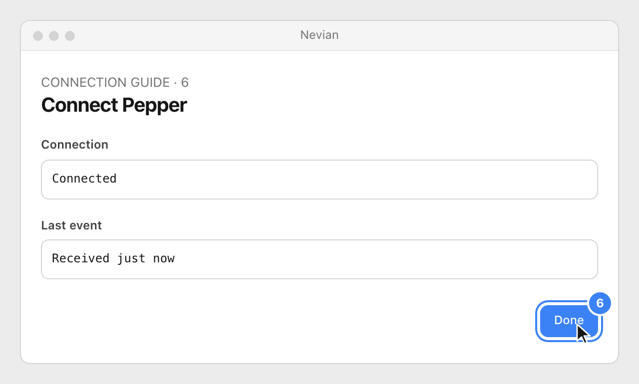 Drawing: Connect Pepper. Connection: Connected; Last event: Received just now