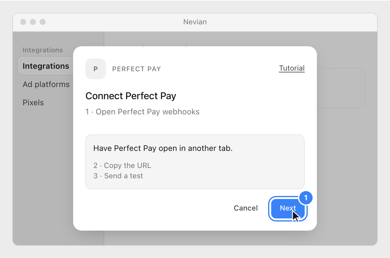 The Connect Perfect Pay window in Nevian, with the Next button highlighted.