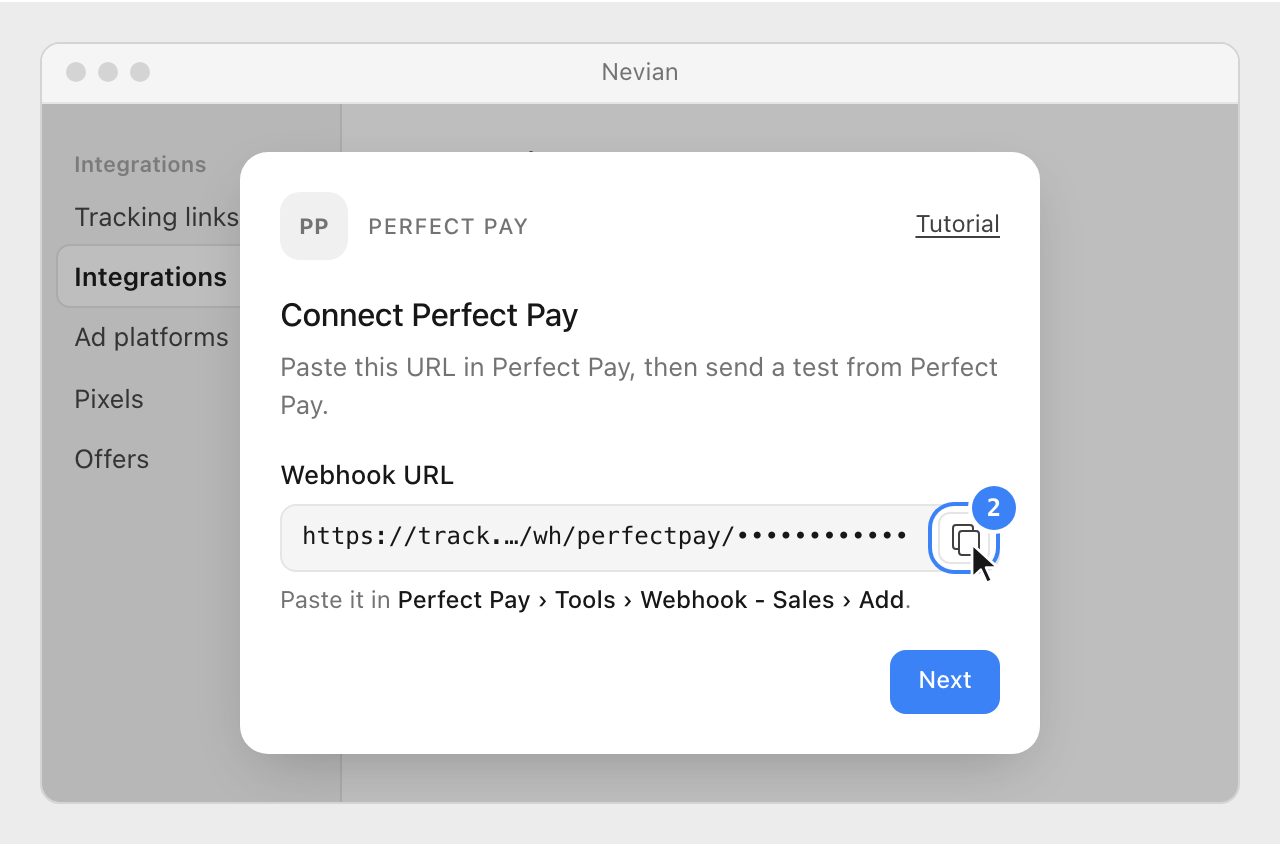 The Webhook URL in the Connect Perfect Pay window, with its copy button highlighted.