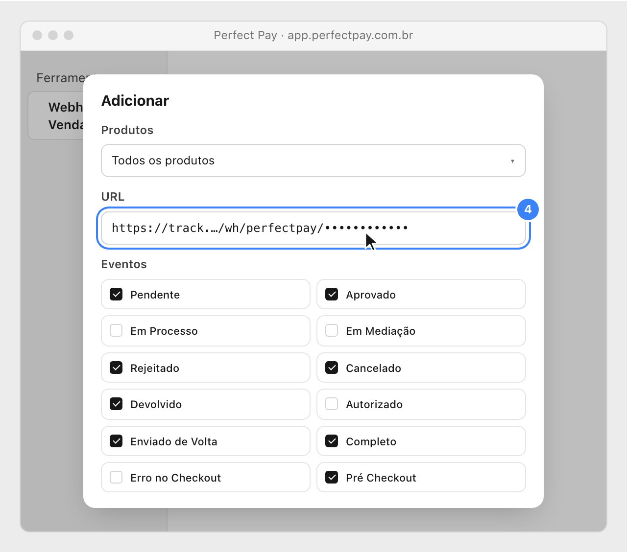 Perfect Pay's new webhook with all products, the pasted Nevian URL highlighted and the sale events ticked.