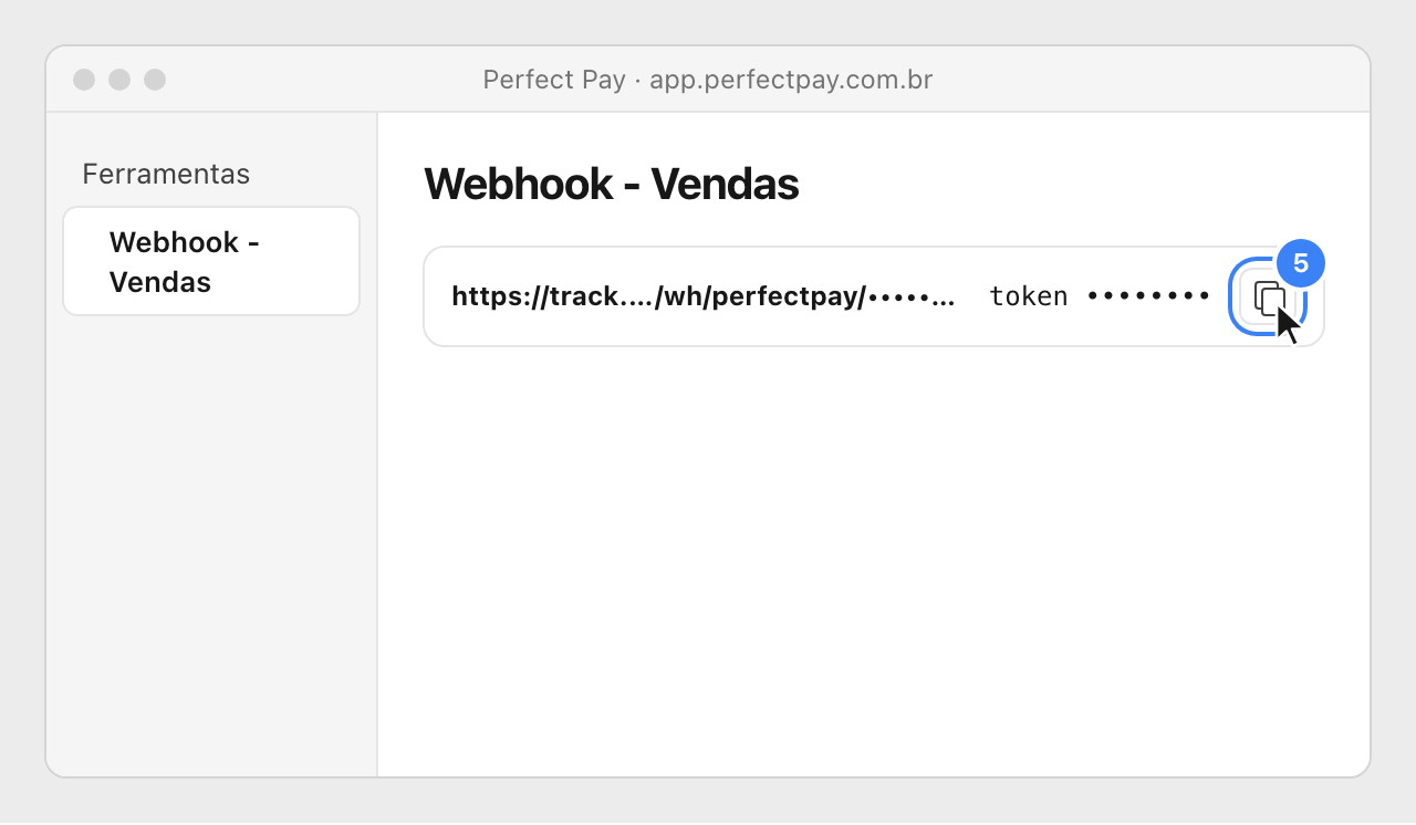 The Nevian webhook in Perfect Pay's list, with the copy button of its token highlighted.