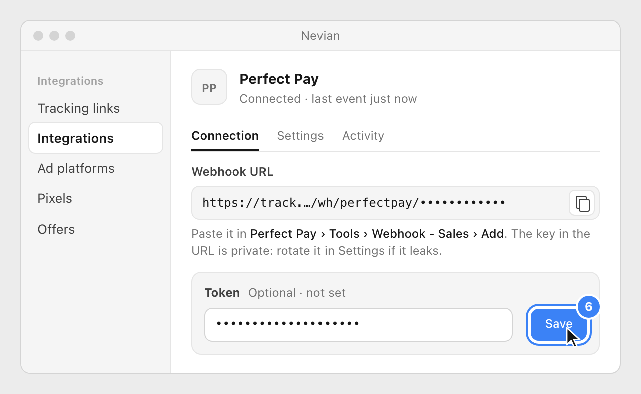 The Connection tab of the Perfect Pay integration in Nevian, with the Token pasted and the Save button highlighted.