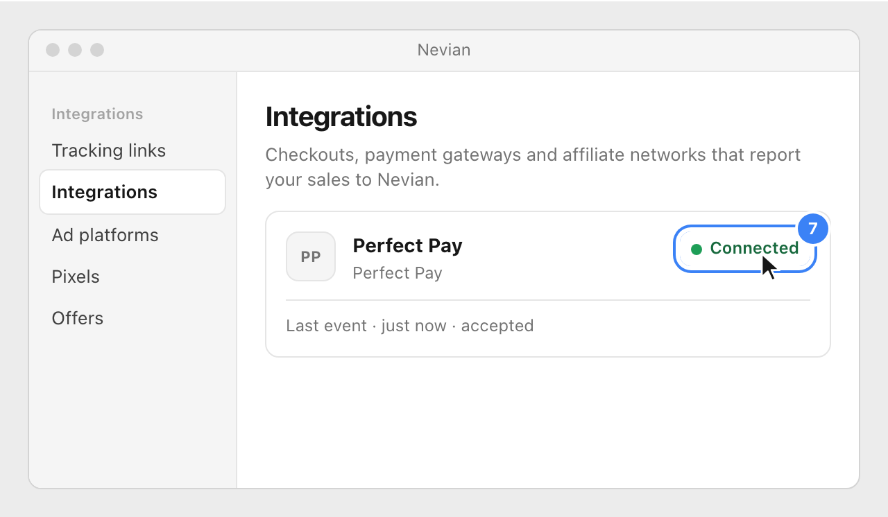 The Perfect Pay card in Nevian's Integrations list showing Connected.